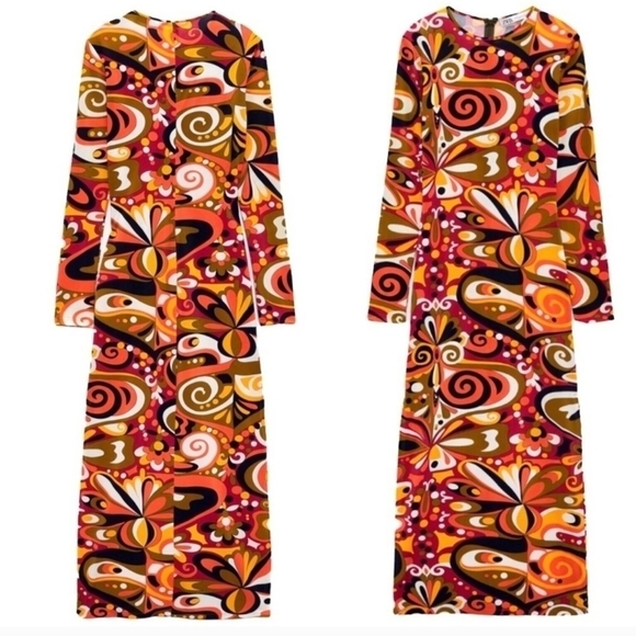 Zara Goovy Multicolored Mod 1970s Style Slit Sides Maxi Dress Long Sleeve Size S - Picture 4 of 16